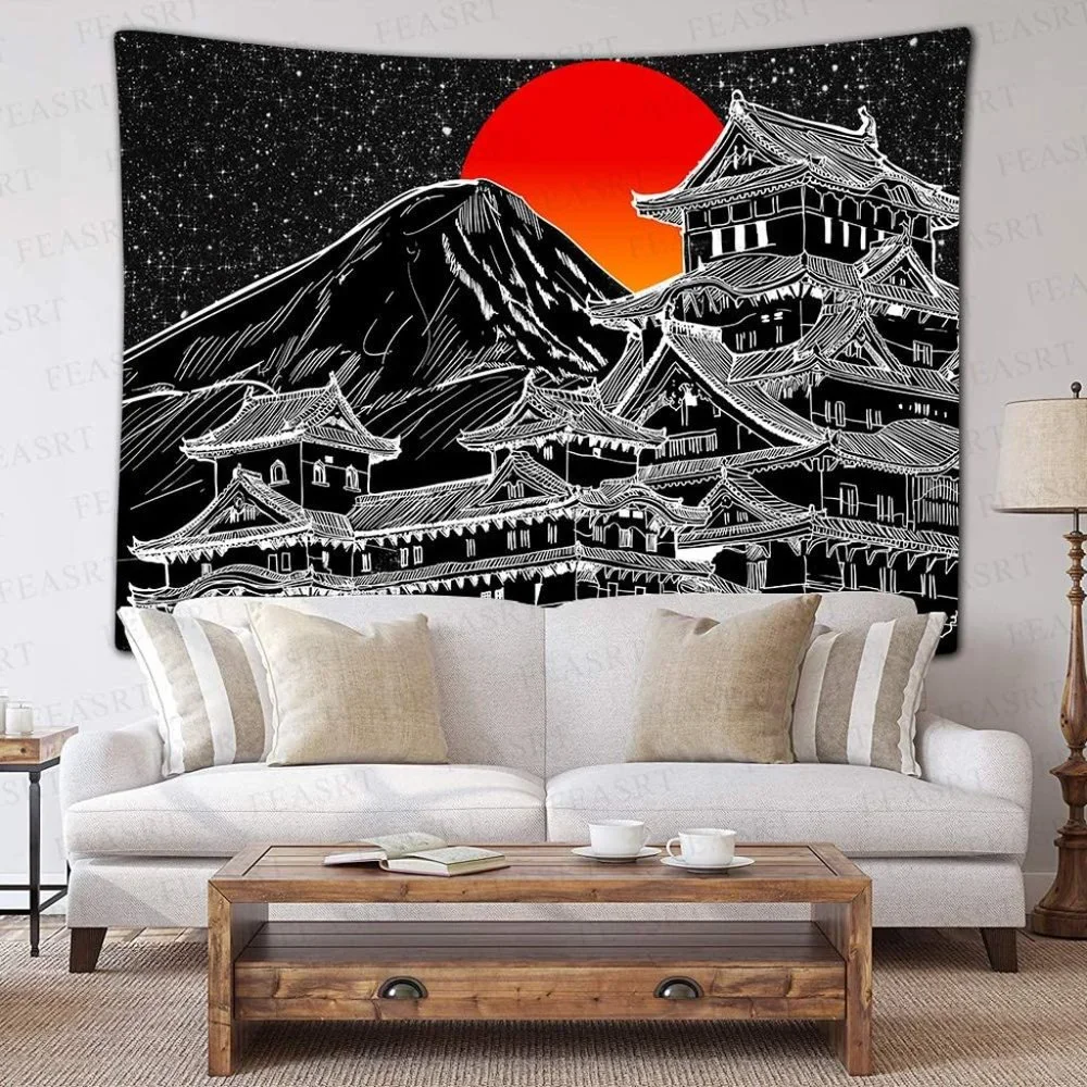 Japanese Fuji Mountain Art Chinese Dojo BlackWhite Sunset Graphic Print Tapestry